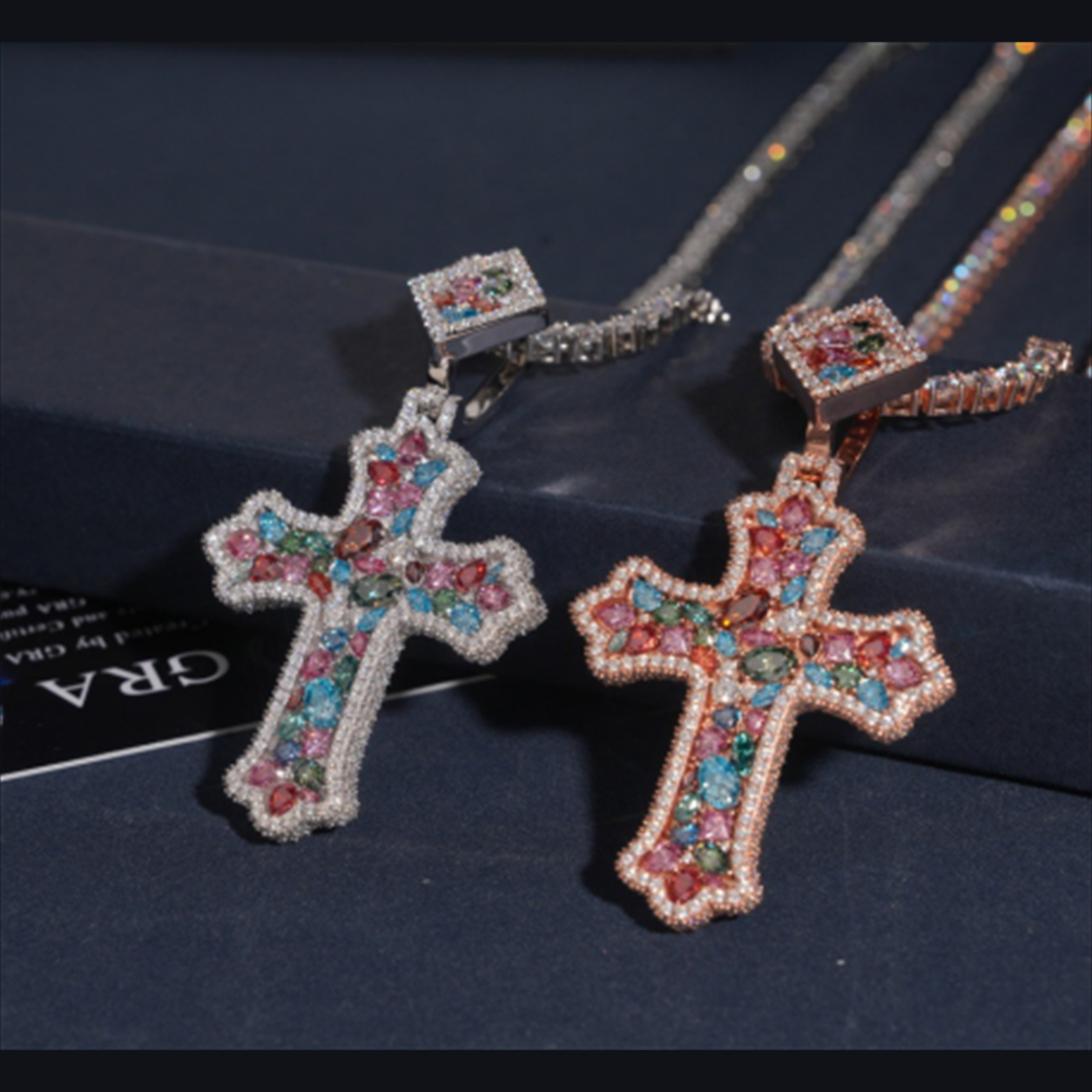 Custom multicolor gemstone cross pendant necklace