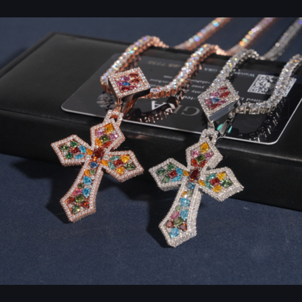 Custom multicolor gemstone cross pendant necklace