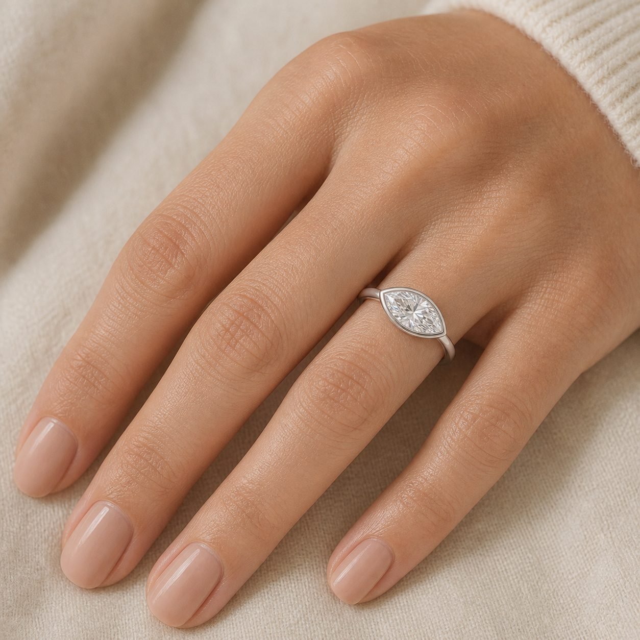 Wholesale East West Marquise Cut Bezel Moissanite Ring 925 Sterling Silver Modern Minimalist Jewelry view 2