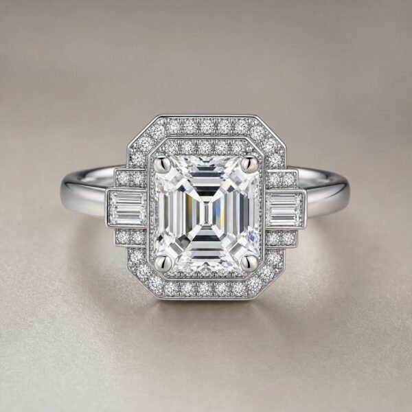 Wholesale Asscher Cut Stepped Halo Moissanite Ring 925 Sterling Silver Art Deco Engagement Jewelry - P009 product image 1