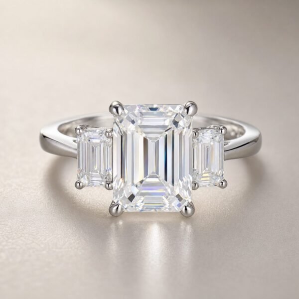 Wholesale Emerald Cut Three Stone Moissanite Ring 925 Sterling Silver Baguette Side Stone Engagement Jewelry - P012 product image 1
