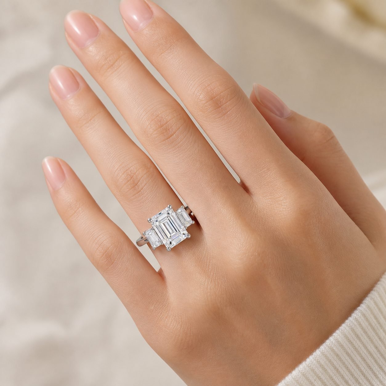 Wholesale Emerald Cut Three Stone Moissanite Ring 925 Sterling Silver Baguette Side Stone Engagement Jewelry view 2