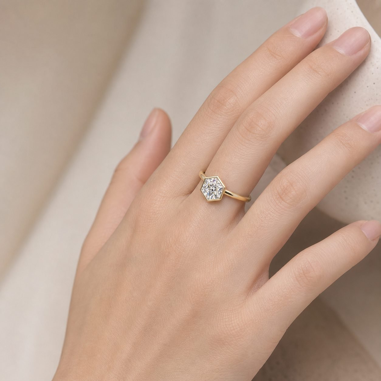 Wholesale Hexagon Cut Bezel Moissanite Ring Gold Tone 925 Sterling Silver Minimalist Geometric Jewelry view 2