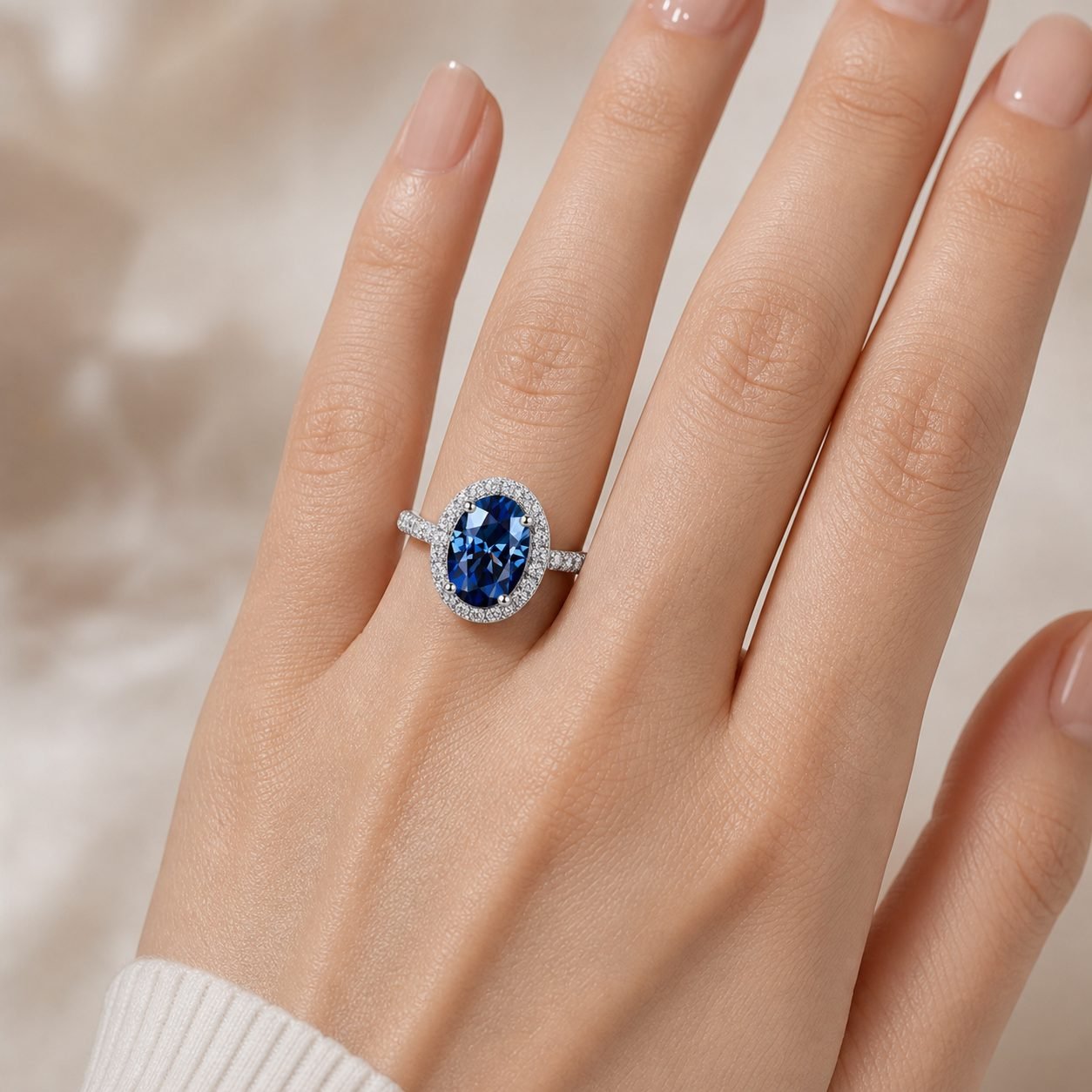 Wholesale Blue Oval Cut Moissanite Halo Engagement Ring 925 Sterling Silver Colored Stone Bridal Jewelry view 2