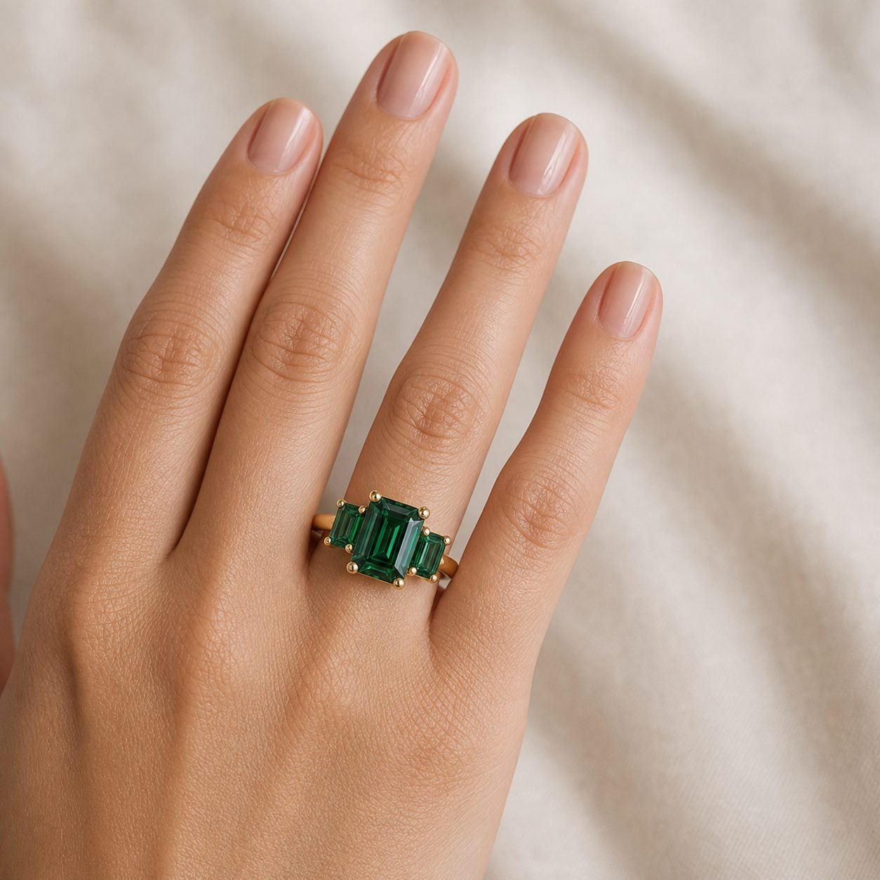 Wholesale Green Emerald Cut Three Stone Moissanite Ring Gold Tone 925 Sterling Silver Engagement Jewelry view 2