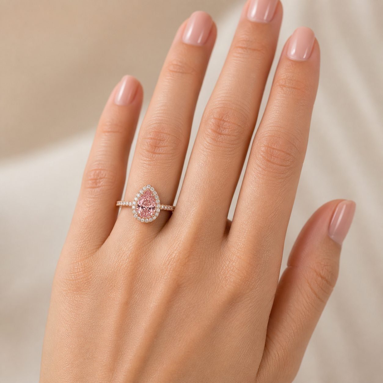Wholesale Pink Pear Cut Halo Moissanite Engagement Ring Rose Gold Tone 925 Sterling Silver Bridal Jewelry view 2