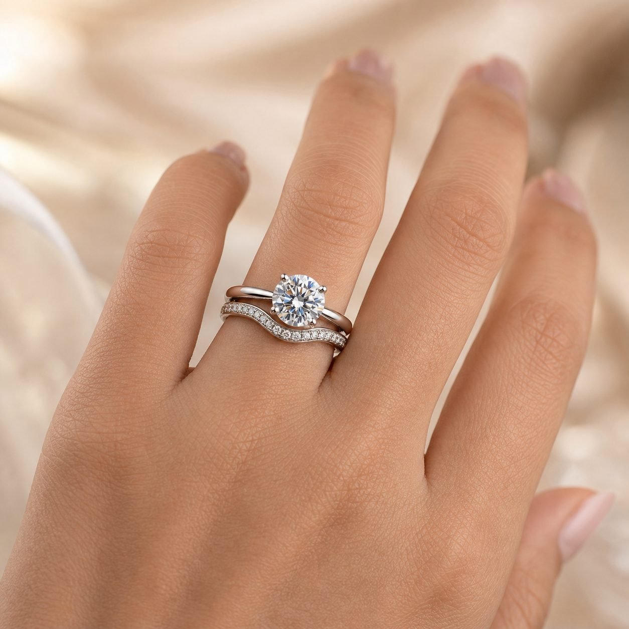 Wholesale Round Cut Moissanite Bridal Ring Set 925 Sterling Silver Solitaire and Curved Pave Wedding Band view 2