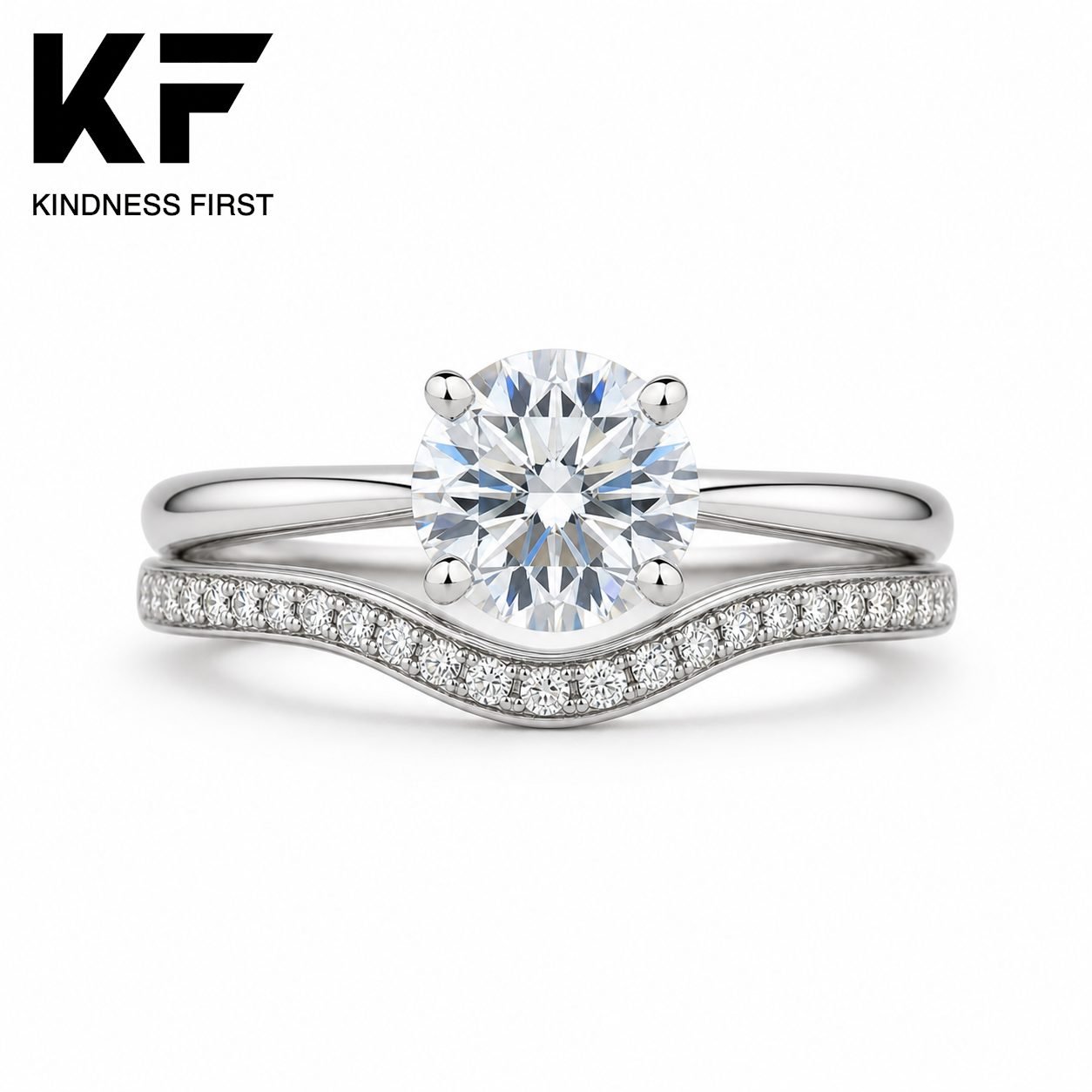 Wholesale Round Cut Moissanite Bridal Ring Set 925 Sterling Silver Solitaire and Curved Pave Wedding Band view 3