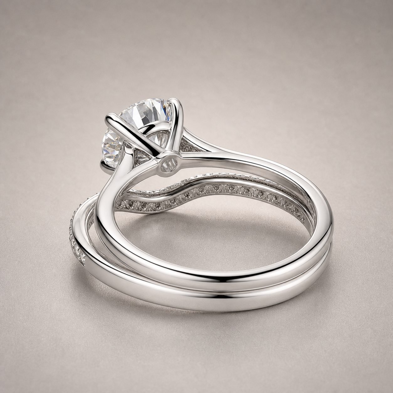 Wholesale Round Cut Moissanite Bridal Ring Set 925 Sterling Silver Solitaire and Curved Pave Wedding Band view 4