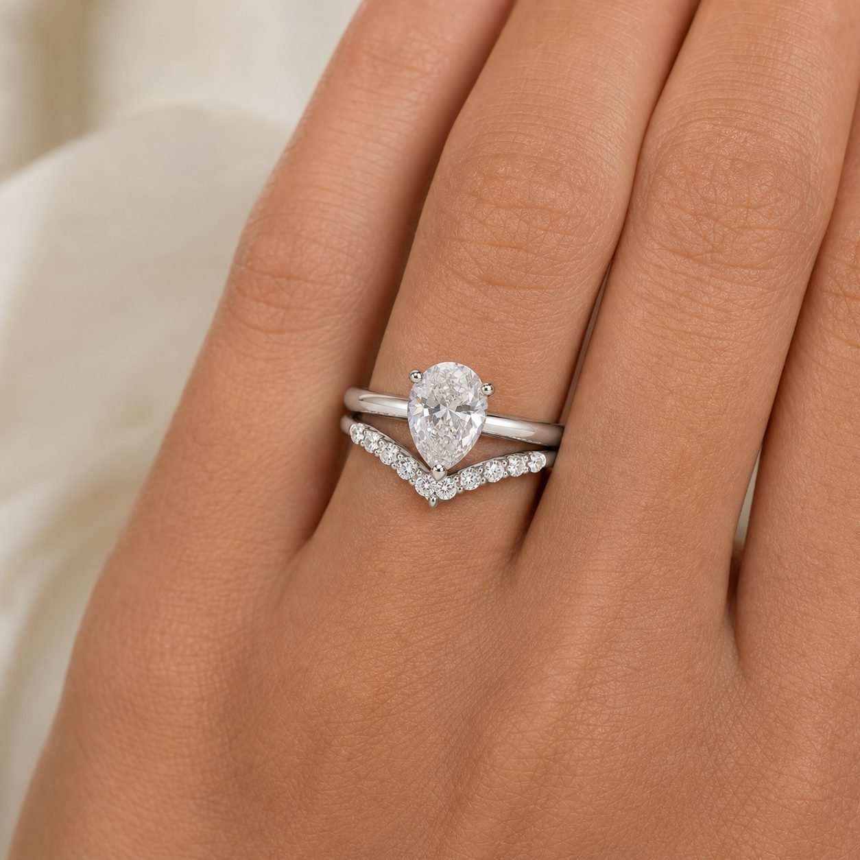 Wholesale Pear Cut Moissanite Bridal Ring Set 925 Sterling Silver Engagement Ring and V Shaped Wedding Band view 2