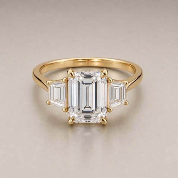 Wholesale Emerald Cut Three Stone Moissanite Ring Gold Tone 925 Sterling Silver Baguette Side Stone Jewelry - P039 product image 1