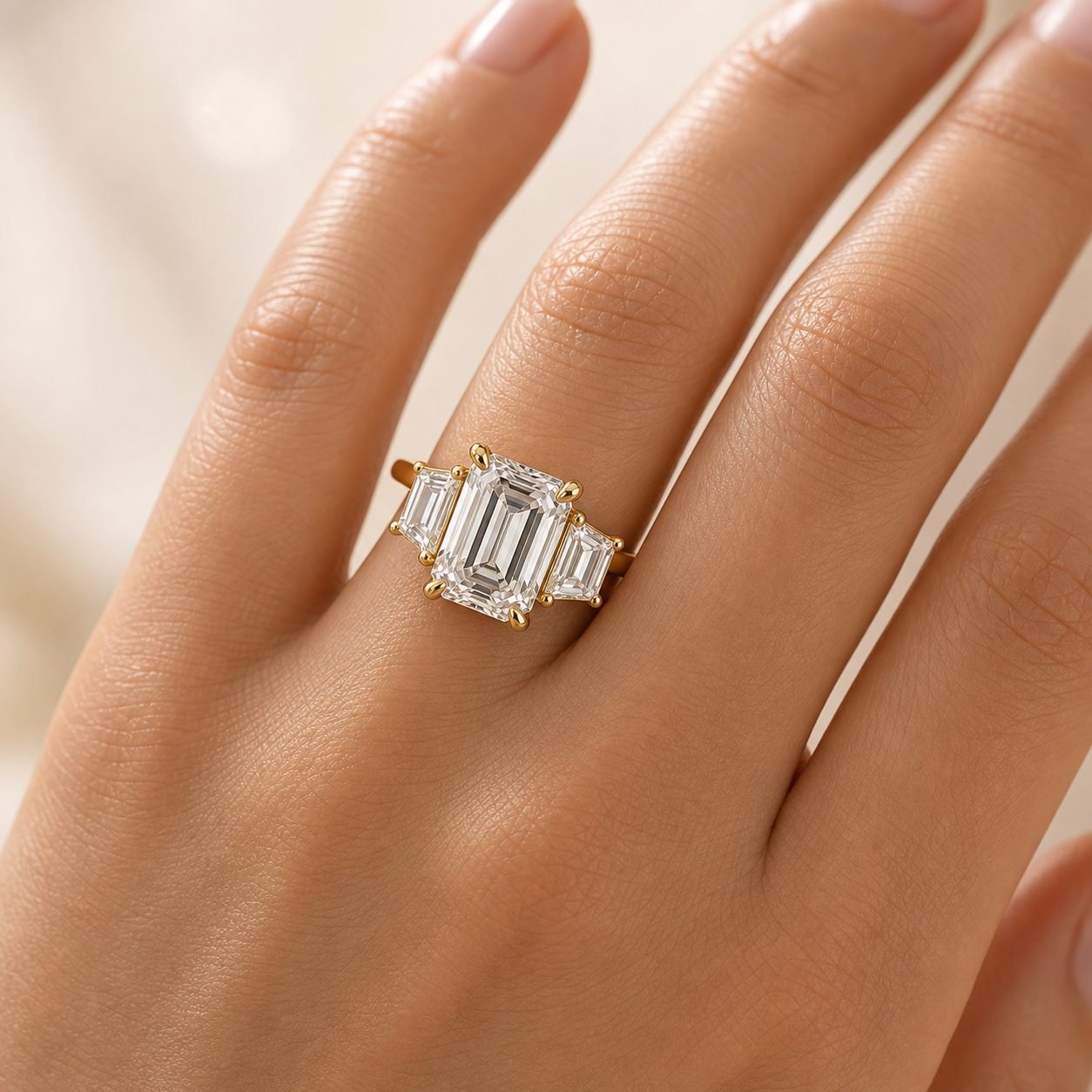 Wholesale Emerald Cut Three Stone Moissanite Ring Gold Tone 925 Sterling Silver Baguette Side Stone Jewelry view 2