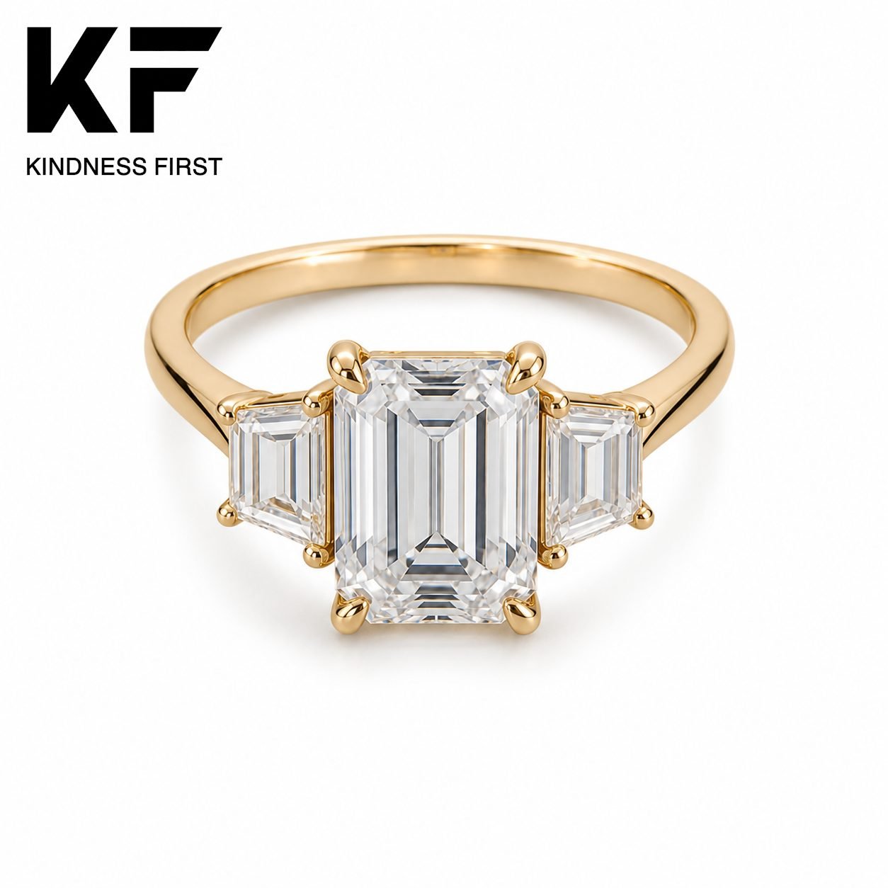 Wholesale Emerald Cut Three Stone Moissanite Ring Gold Tone 925 Sterling Silver Baguette Side Stone Jewelry view 3