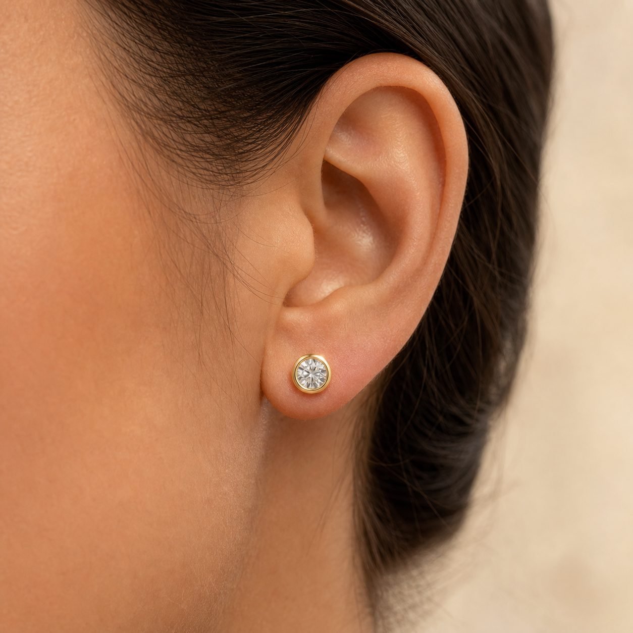 Wholesale Round Cut Bezel Moissanite Stud Earrings Gold Tone 925 Sterling Silver Everyday Jewelry view 2