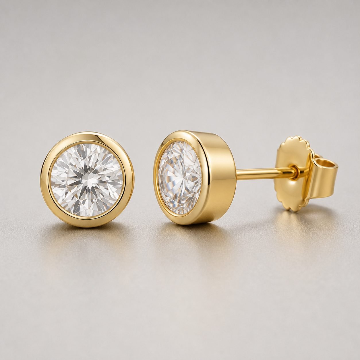Wholesale Round Cut Bezel Moissanite Stud Earrings Gold Tone 925 Sterling Silver Everyday Jewelry view 4