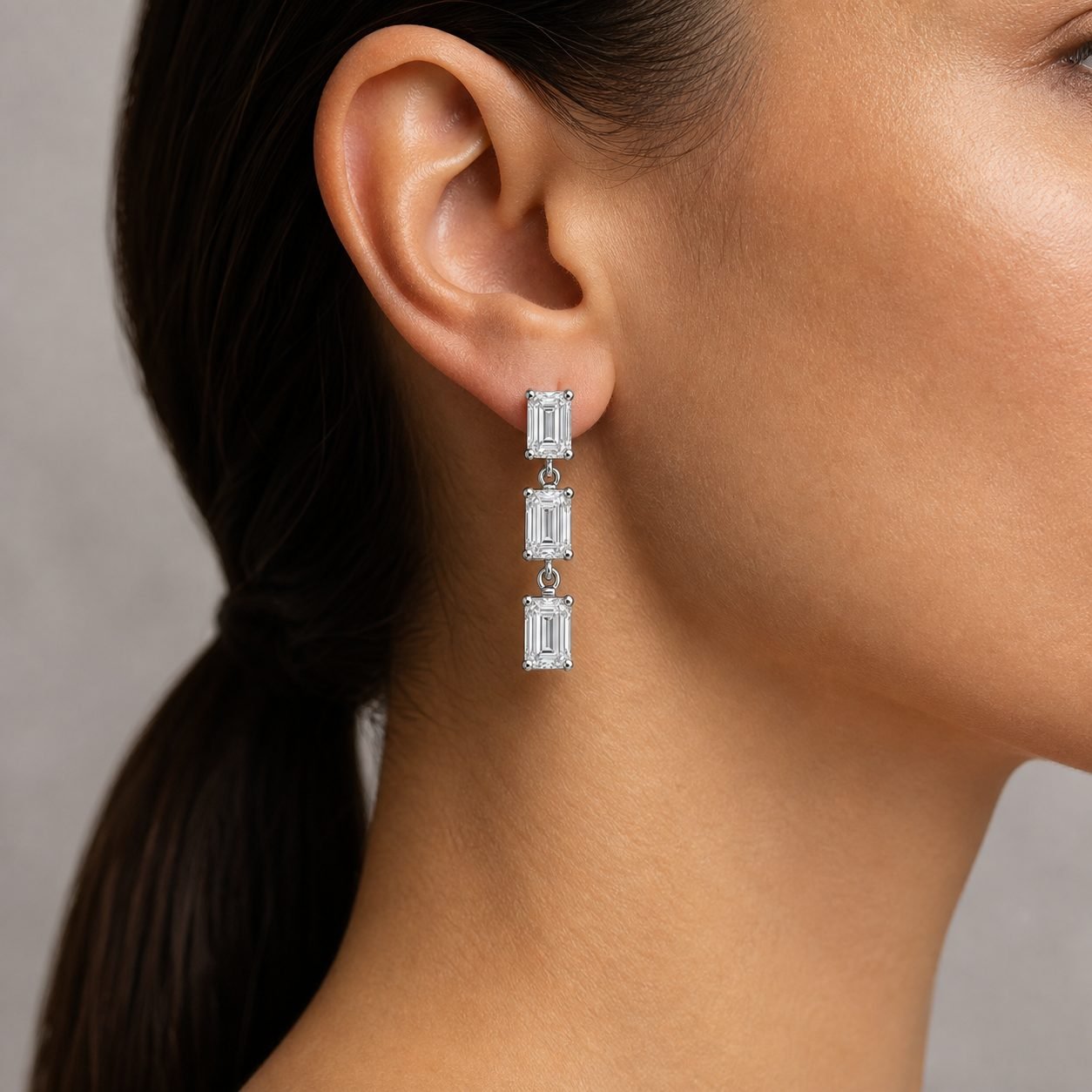 Wholesale Emerald Cut Moissanite Drop Earrings 925 Sterling Silver Three Stone Linear Dangle Jewelry view 2