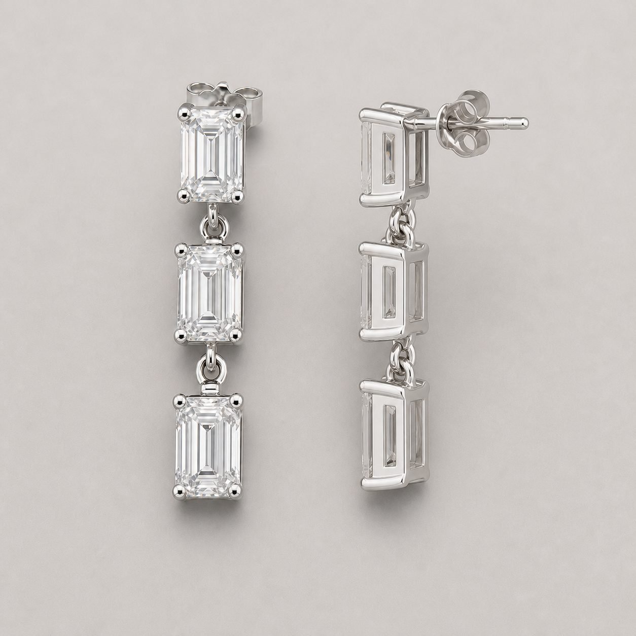 Wholesale Emerald Cut Moissanite Drop Earrings 925 Sterling Silver Three Stone Linear Dangle Jewelry view 4