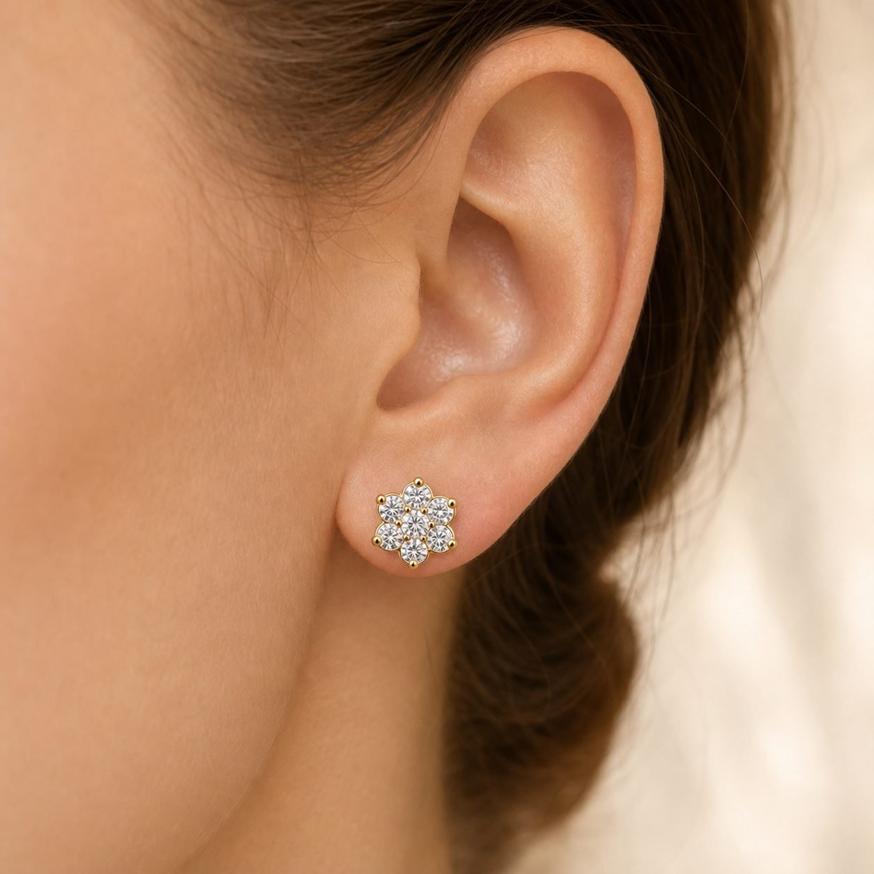 Wholesale Moissanite Flower Cluster Stud Earrings Gold Tone 925 Sterling Silver Seven Stone Jewelry view 2