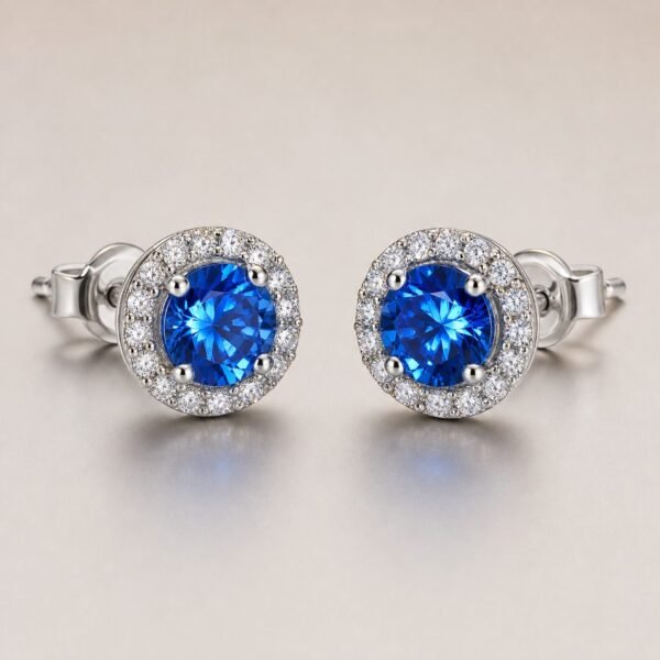 Wholesale Blue Round Moissanite Halo Stud Earrings 925 Sterling Silver Colored Stone Fine Jewelry - P055 product image 1
