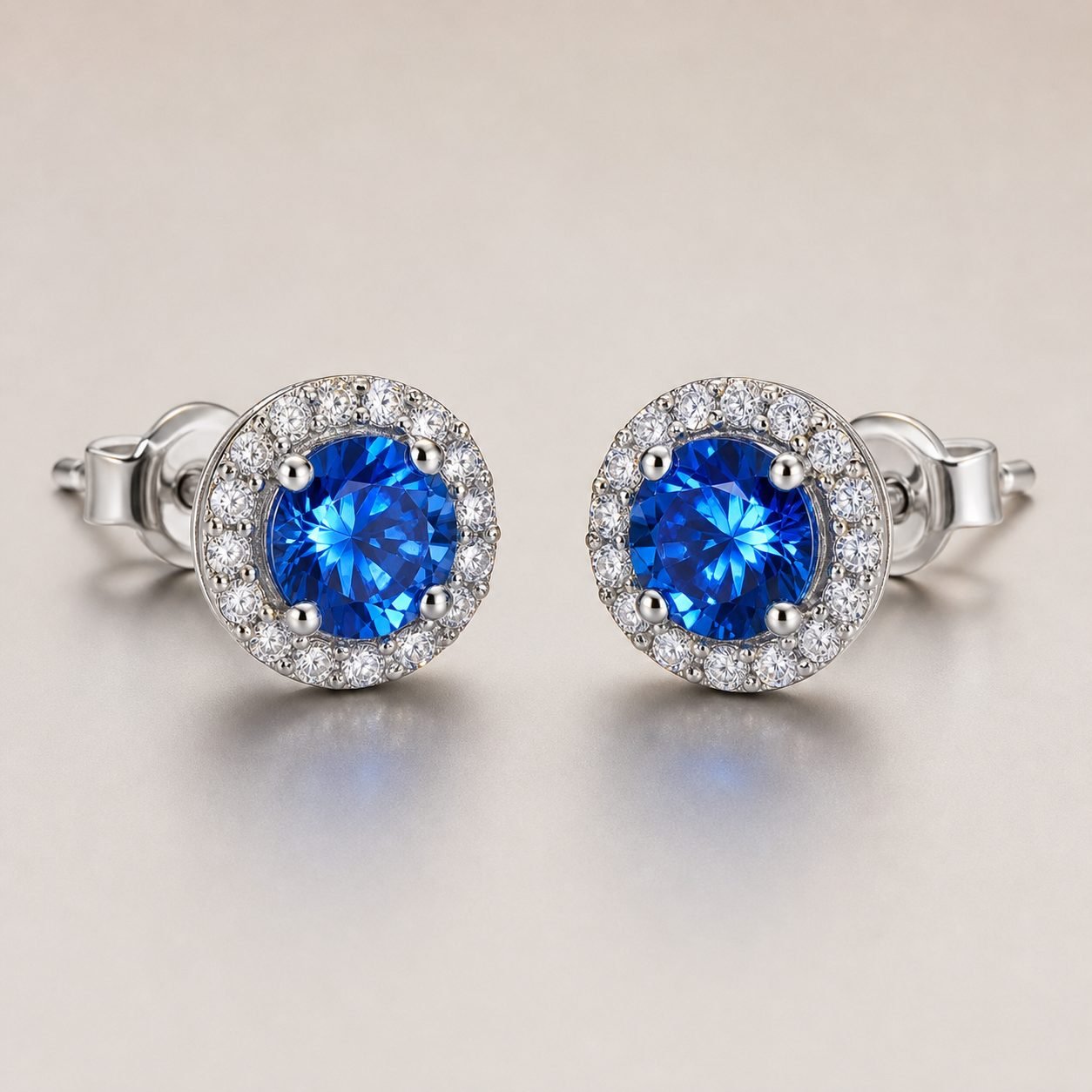Wholesale Blue Round Moissanite Halo Stud Earrings 925 Sterling Silver Colored Stone Fine Jewelry - P055 product image 1