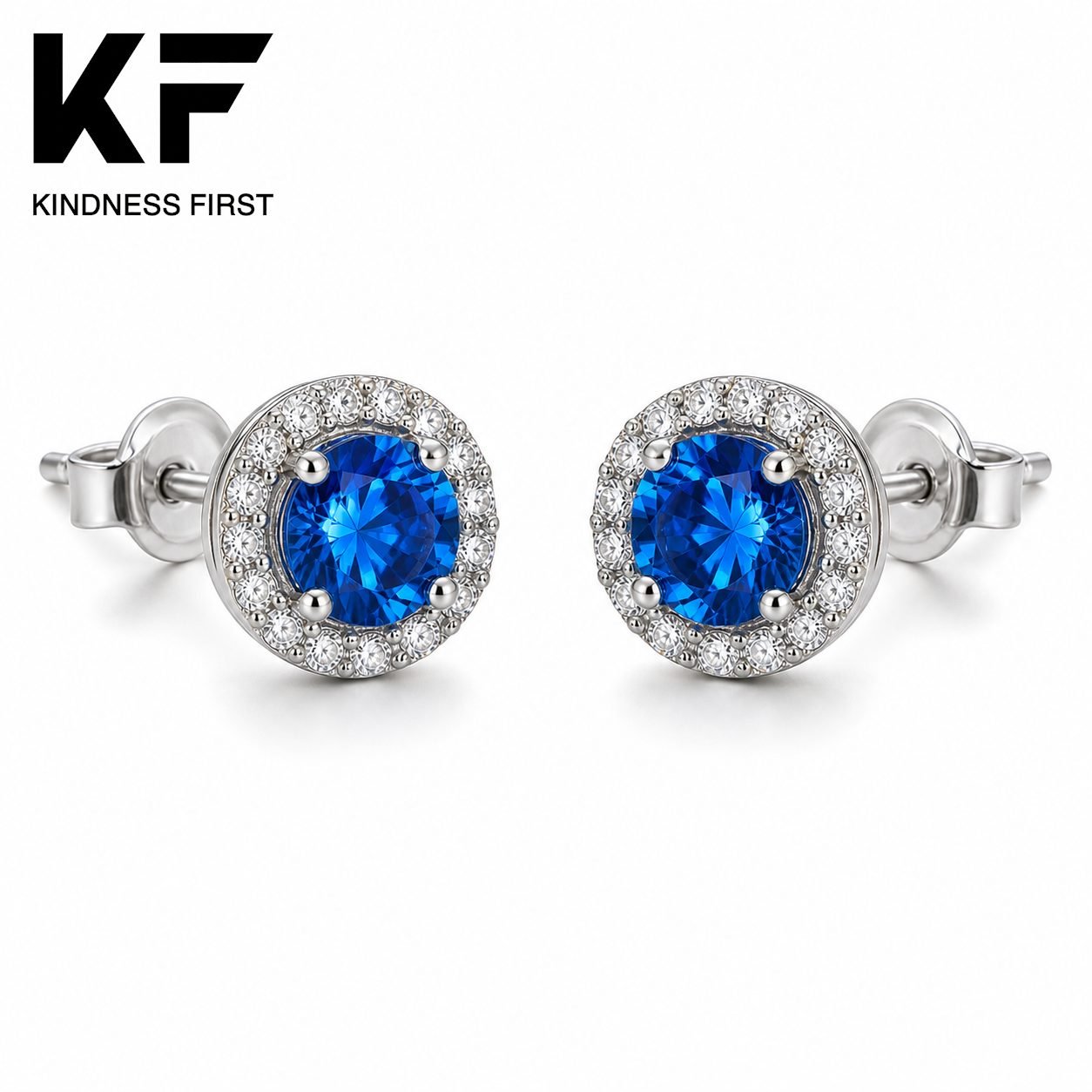 Wholesale Blue Round Moissanite Halo Stud Earrings 925 Sterling Silver Colored Stone Fine Jewelry view 3