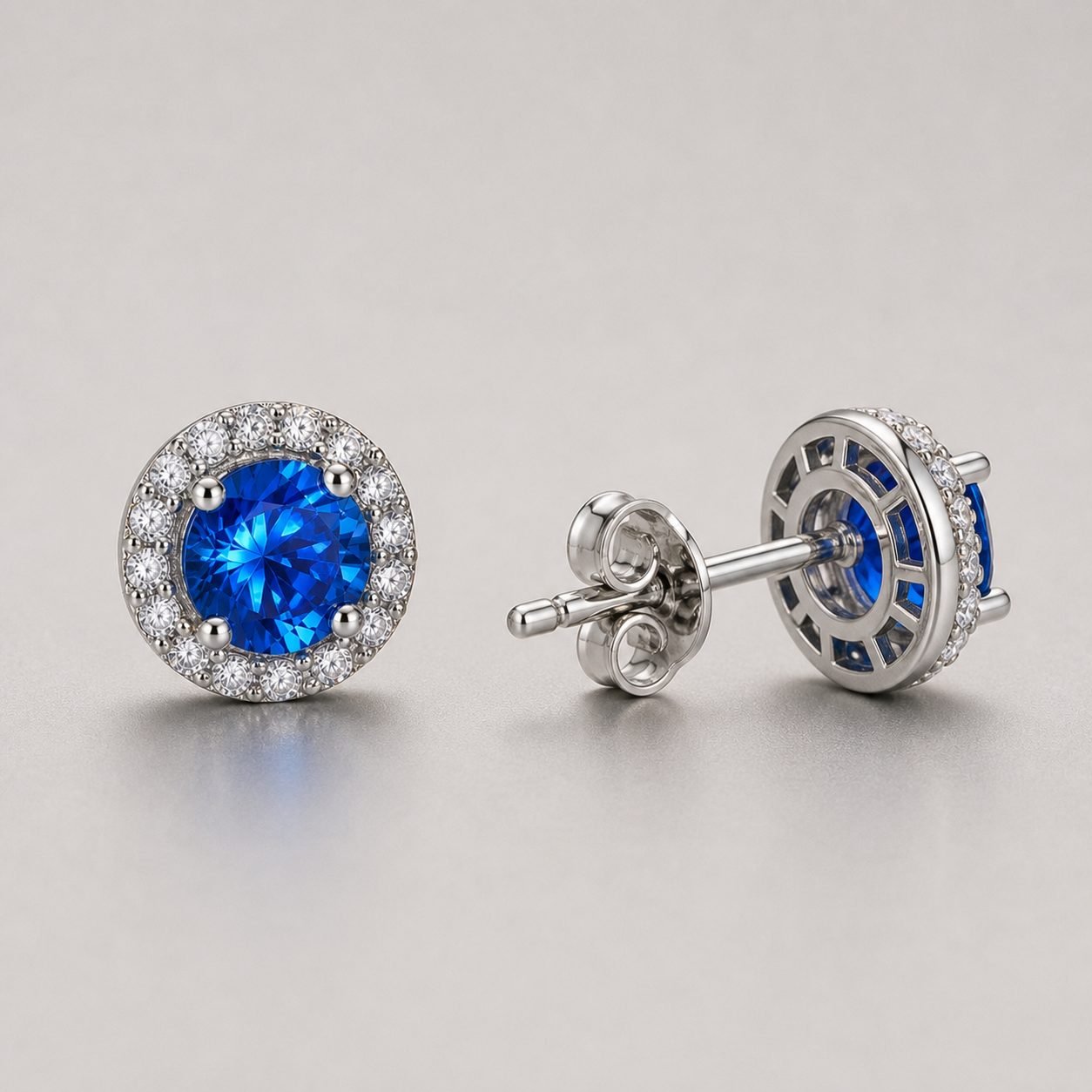 Wholesale Blue Round Moissanite Halo Stud Earrings 925 Sterling Silver Colored Stone Fine Jewelry view 4