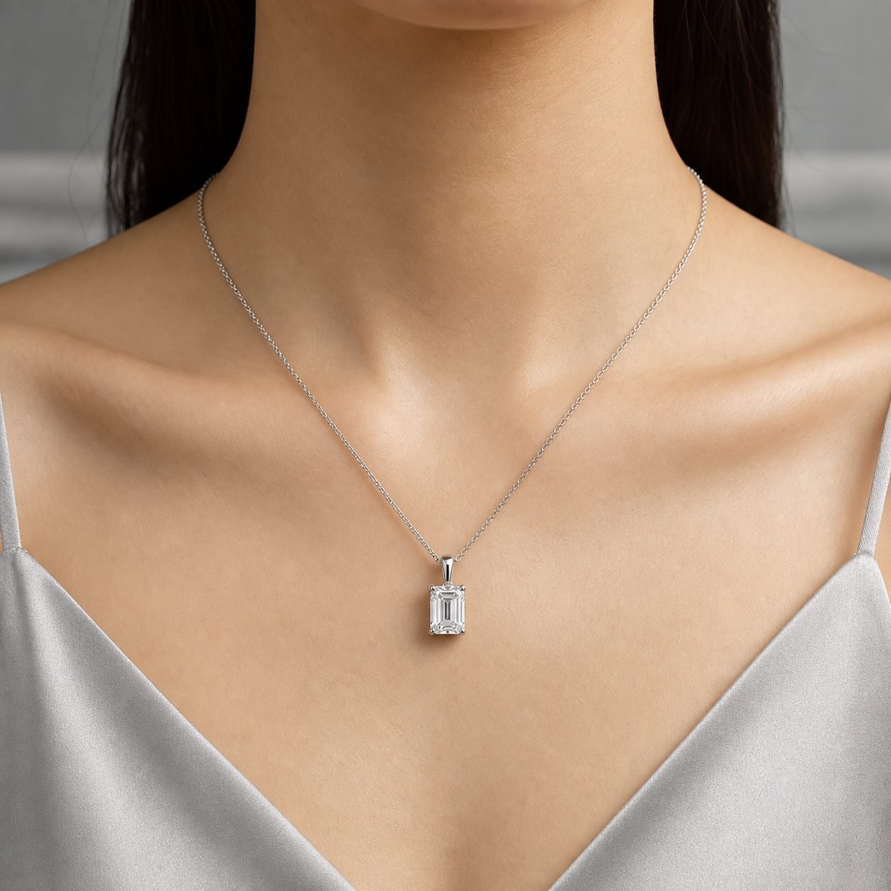 Wholesale Emerald Cut Moissanite Solitaire Pendant Necklace 925 Sterling Silver Vertical Fine Jewelry view 2