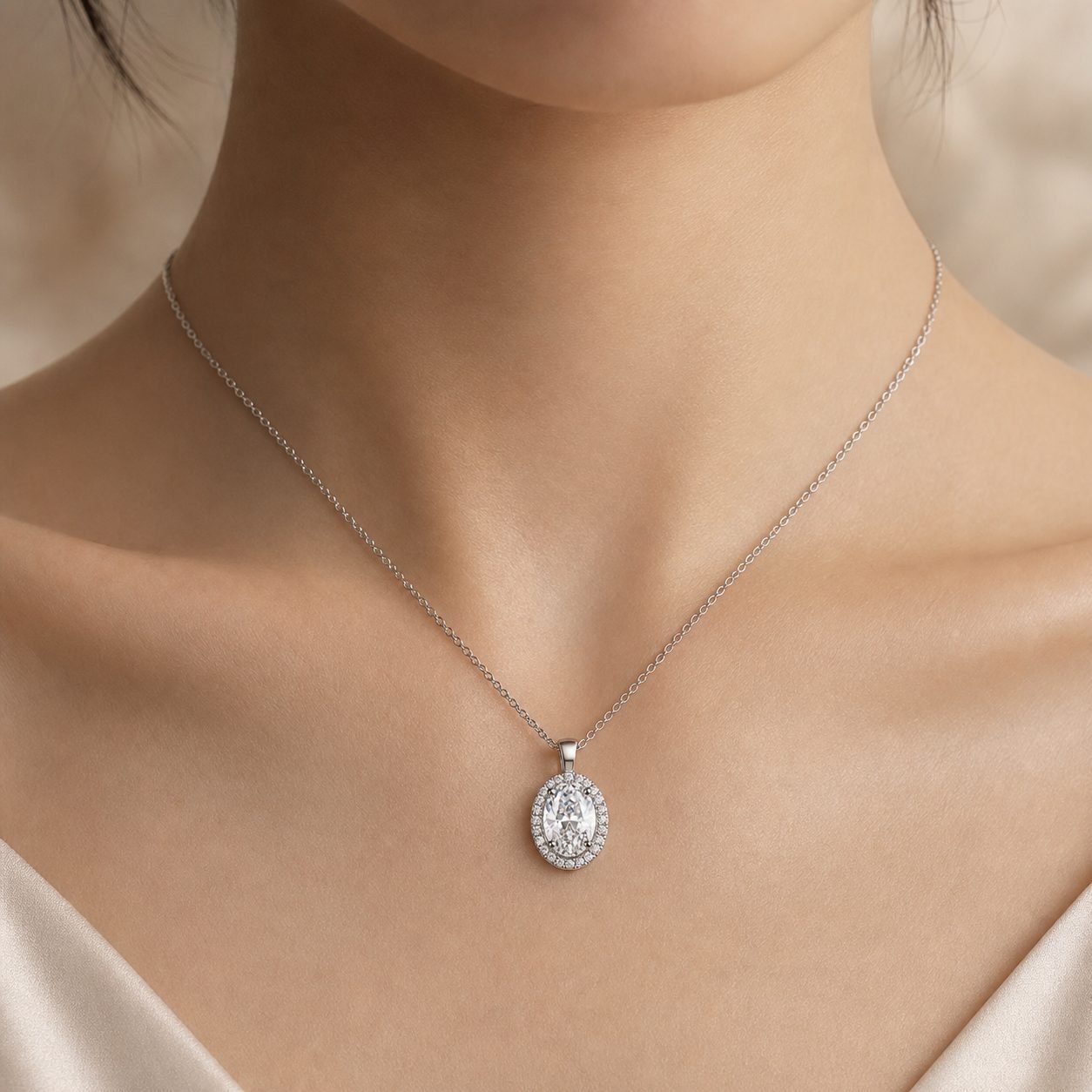 Wholesale Oval Cut Halo Moissanite Pendant Necklace 925 Sterling Silver Bridal Fine Jewelry view 2