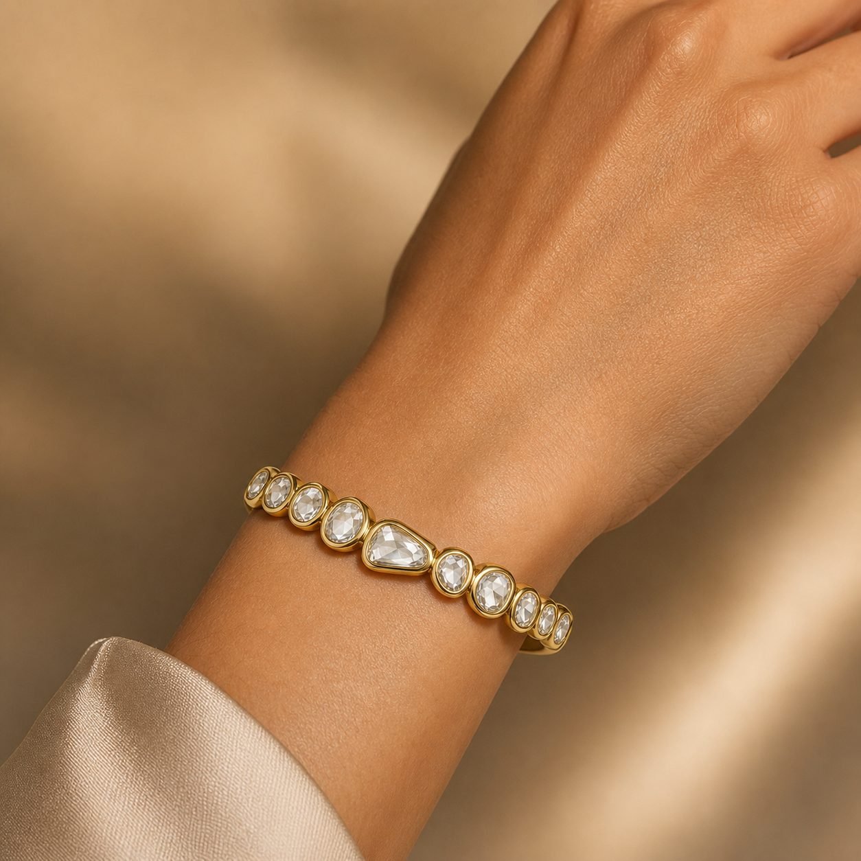 Wholesale Rose Cut Moissanite Polki Bangle Gold Tone 925 Sterling Silver Irregular Statement Jewelry view 2