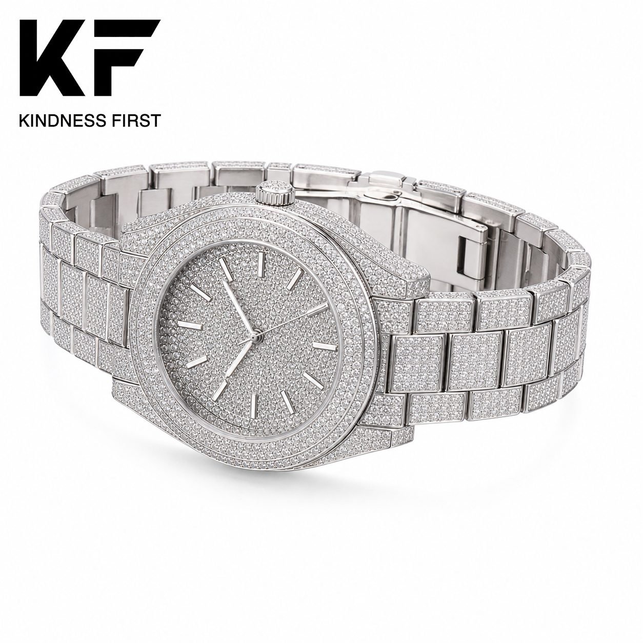 Wholesale Round Dial Moissanite Iced Out Mens Watch Silver Tone Hip Hop Luxury Watch view 3