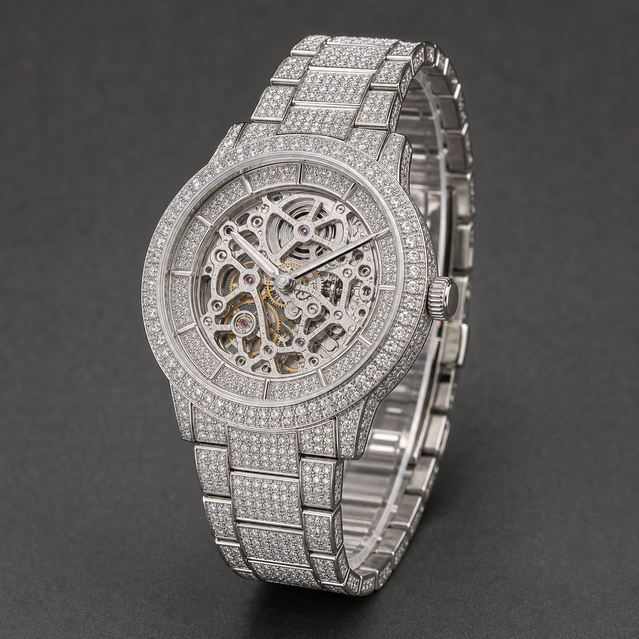 Wholesale Skeleton Mechanical Moissanite Iced Out Mens Watch Silver Tone Luxury Hip Hop Watch - P084 product image 1