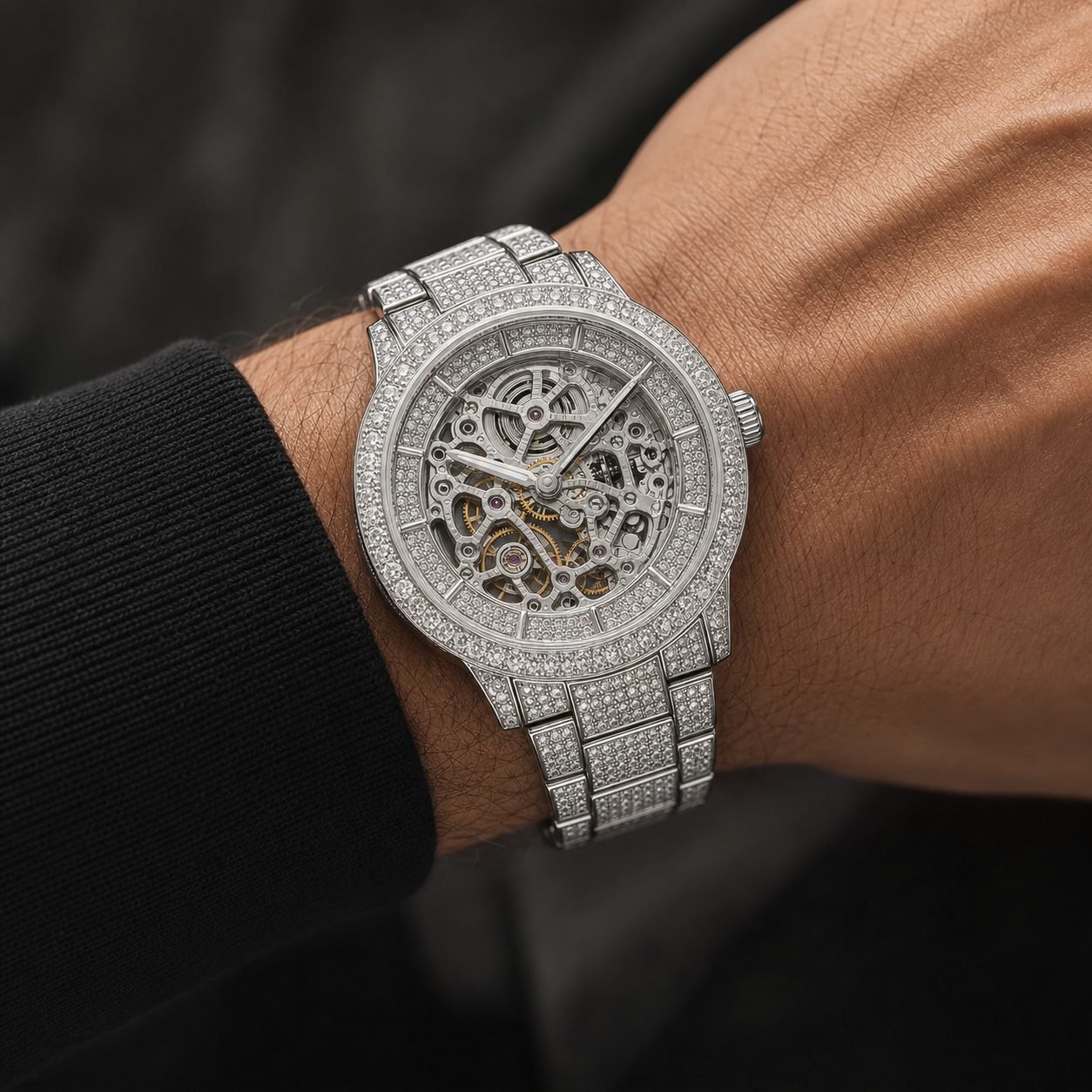 Wholesale Skeleton Mechanical Moissanite Iced Out Mens Watch Silver Tone Luxury Hip Hop Watch view 2