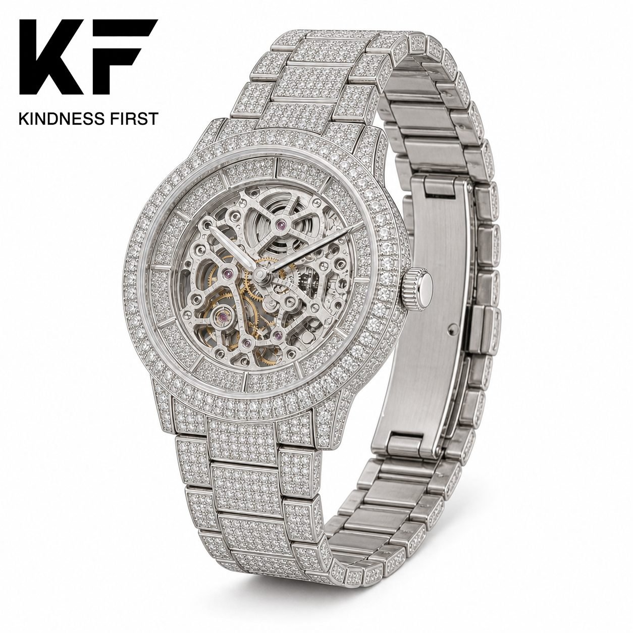 Wholesale Skeleton Mechanical Moissanite Iced Out Mens Watch Silver Tone Luxury Hip Hop Watch view 3