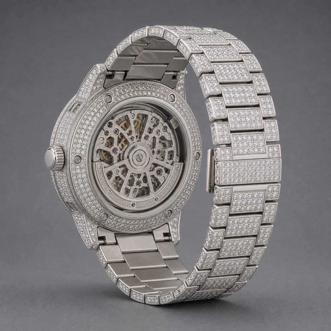 Wholesale Skeleton Mechanical Moissanite Iced Out Mens Watch Silver Tone Luxury Hip Hop Watch view 4