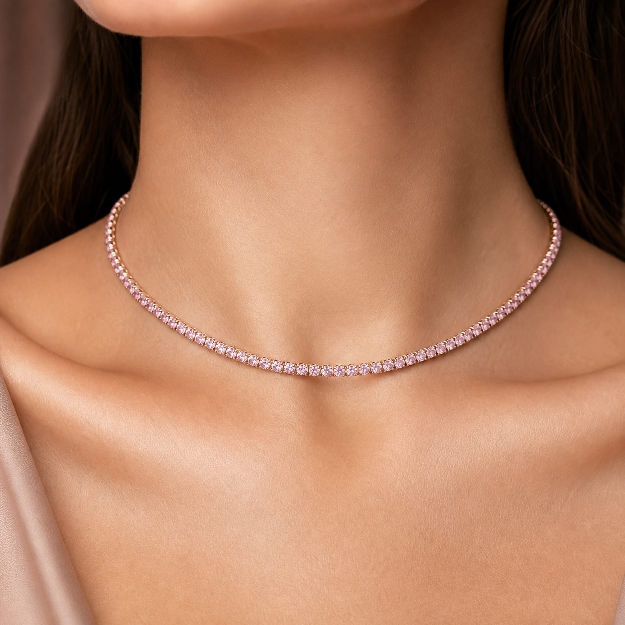 Wholesale Pink Moissanite Tennis Choker Necklace Rose Gold Tone 925 Sterling Silver Women Jewelry view 2